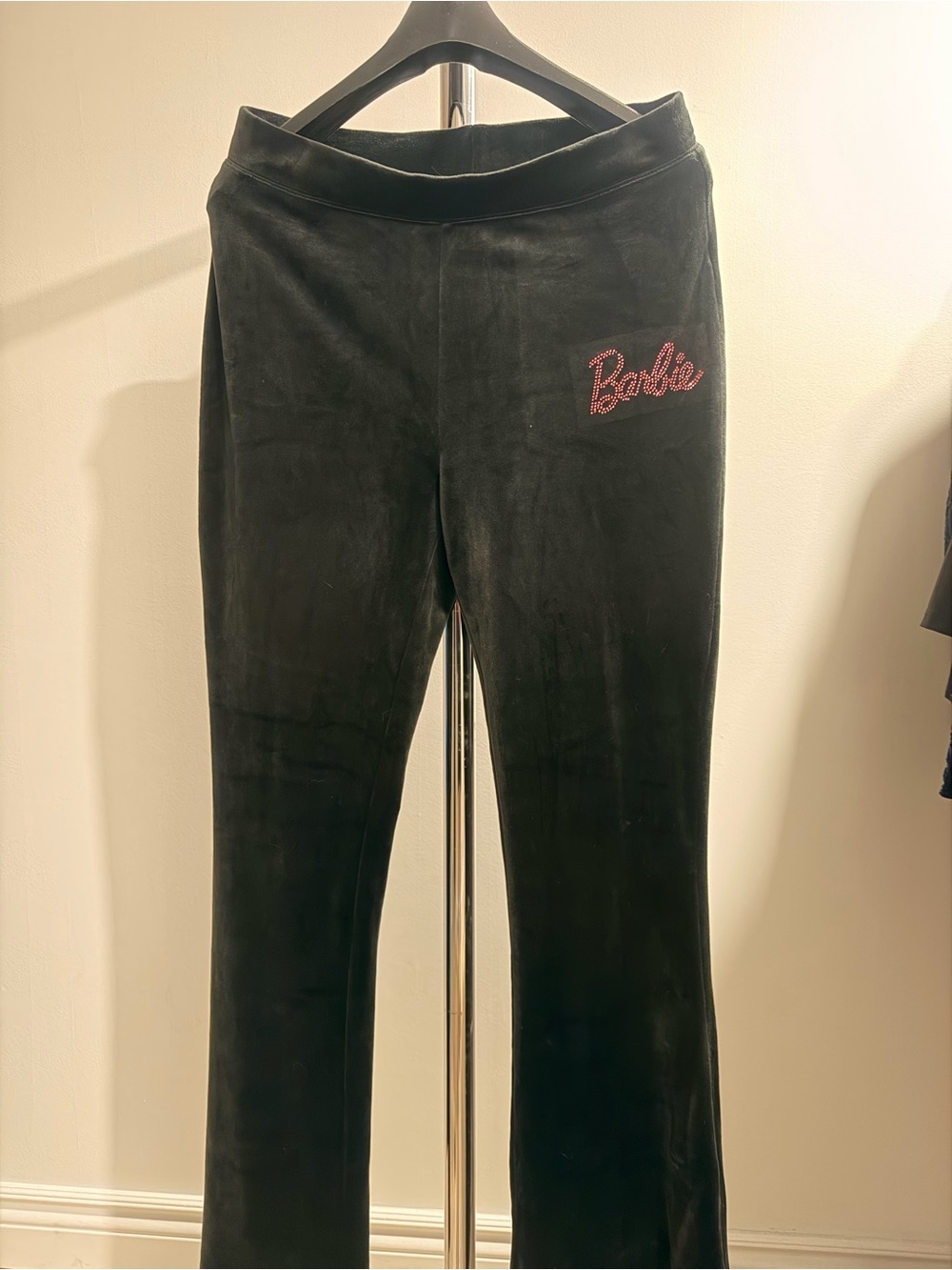 Barbie Black Velour Joggers with Pink Logo Script